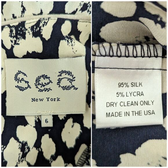 Sea New York Silk Blend Dress Navy Leopard Print Short Sleeve Drawstring, Size 6 - Picture 3 of 12